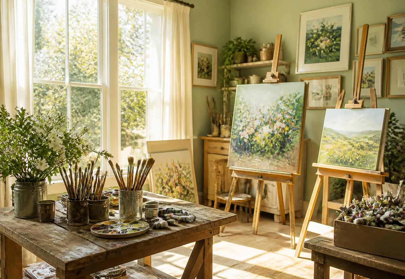 Sunlit art studio with easels, paintings and brushes
